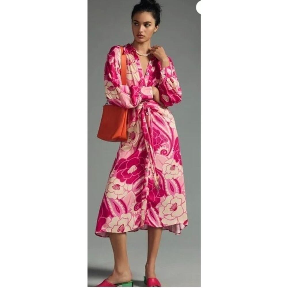 New! Farm Rio Women Tropical Groove Pink Shirt Button Up Dress Sz L#34